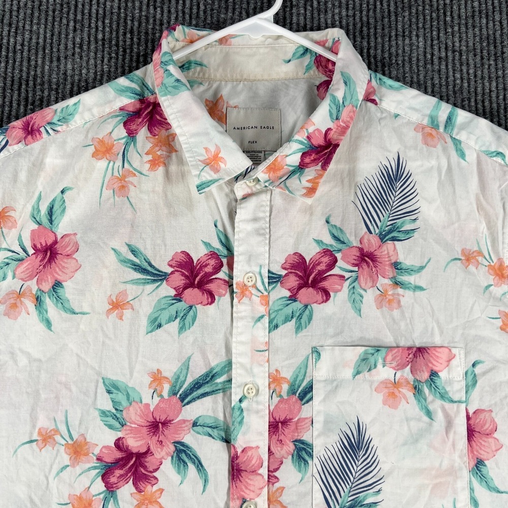 American Eagle Shirt Mens 2XL XXL White Floral Short Sleeve Button Up Flex Fit